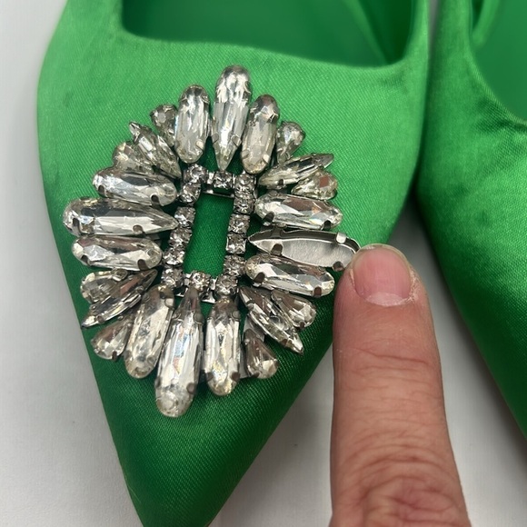 Open Edit Kelly Green Satin Pointed Toe Sling Back Rhinestone Shoes Size 6 - Picture 3 of 8